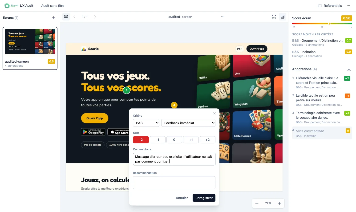 Formulaire d'annotation UX Audit : critère, note de −2 à +2, commentaire et recommandation