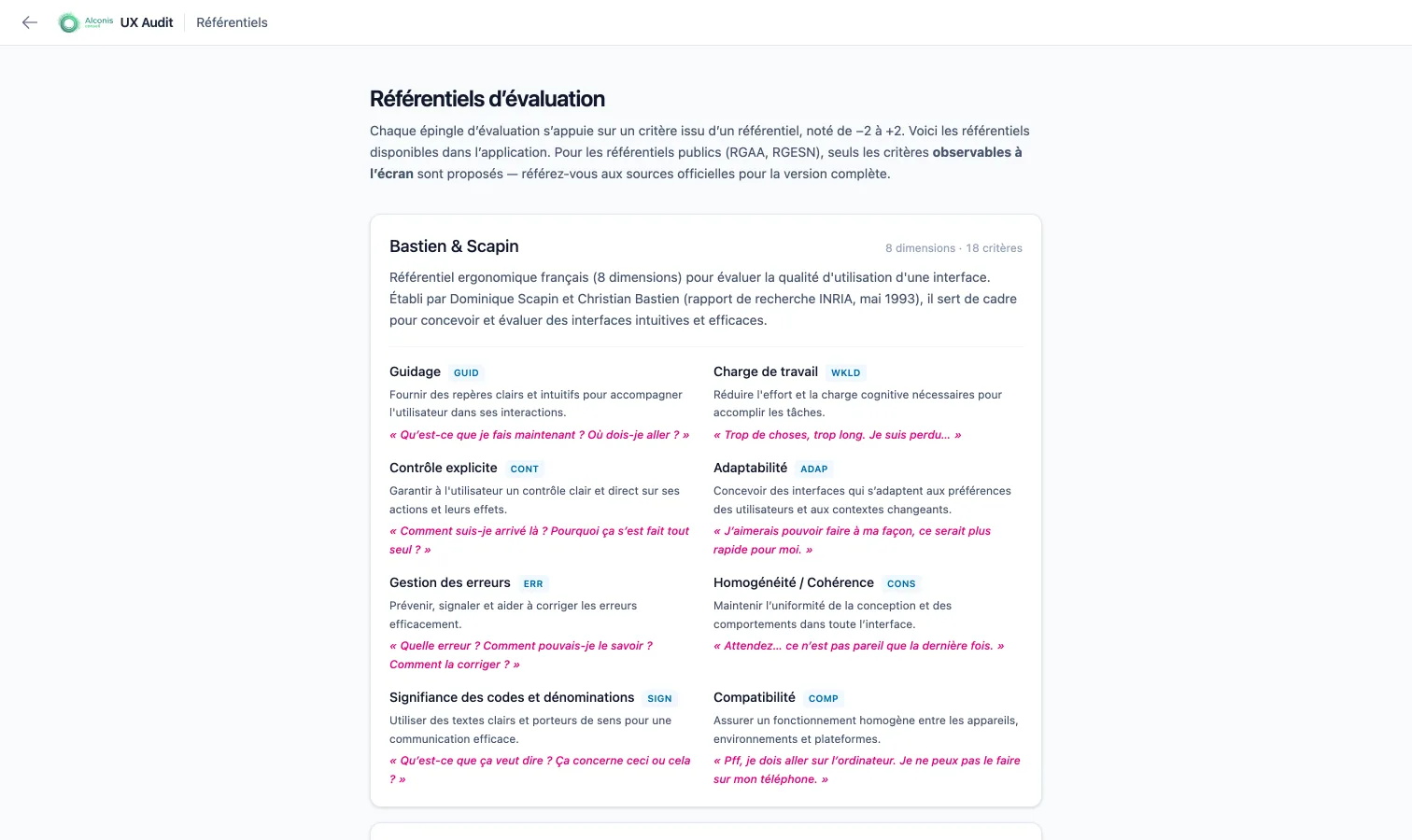 Page des référentiels d'évaluation dans UX Audit (Bastien & Scapin)